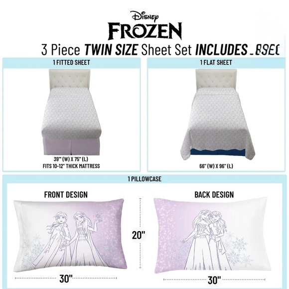 Frozen Winter Frost Adventures 3-Piece Twin Sheet Set, White & Purple, Disney - Picture 2 of 5